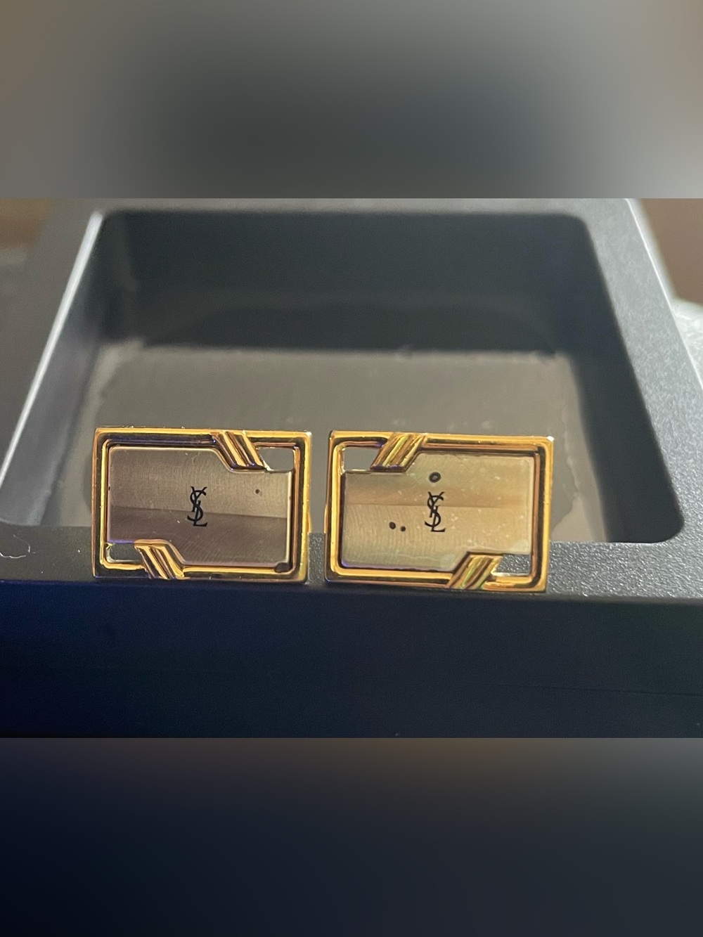 Yves Saint Laurent Gold and Brown Rectangular Logo Cufflinks